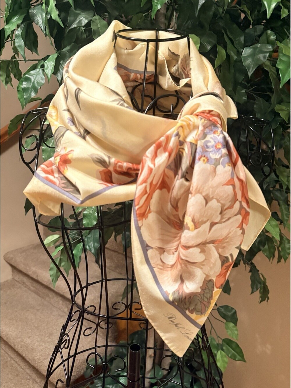Vintage Polo Ralph Lauren Silk Yellow Floral Scarf 33”x 34” Stunning! - Picture 2 of 10